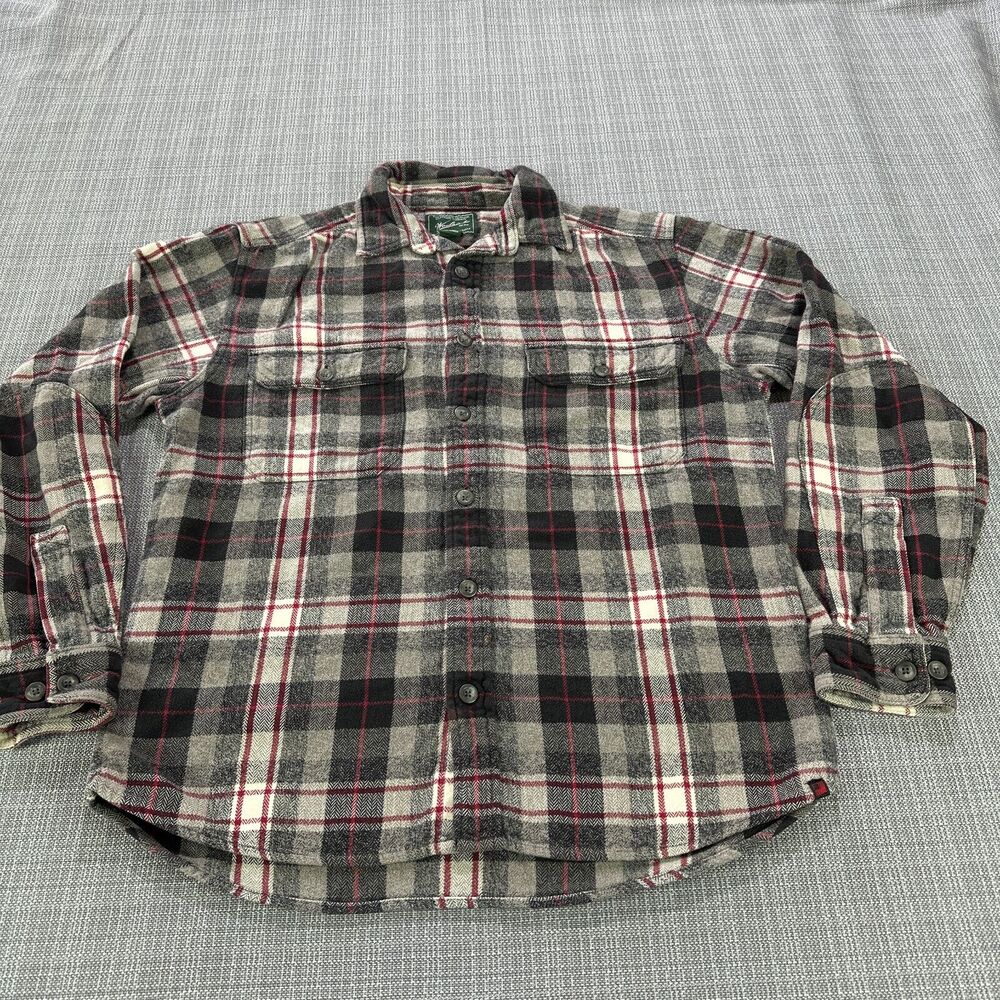 Woolrich Flannel Mens Medium Button Up Grey Red Plaid Outdoors Cabin Workwear